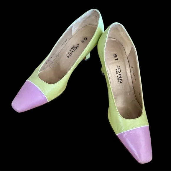 Vtg ST JOHN Lime Green Lavender Color Block Pumps 7.5 B Classic Rare 80s - Picture 1 of 8